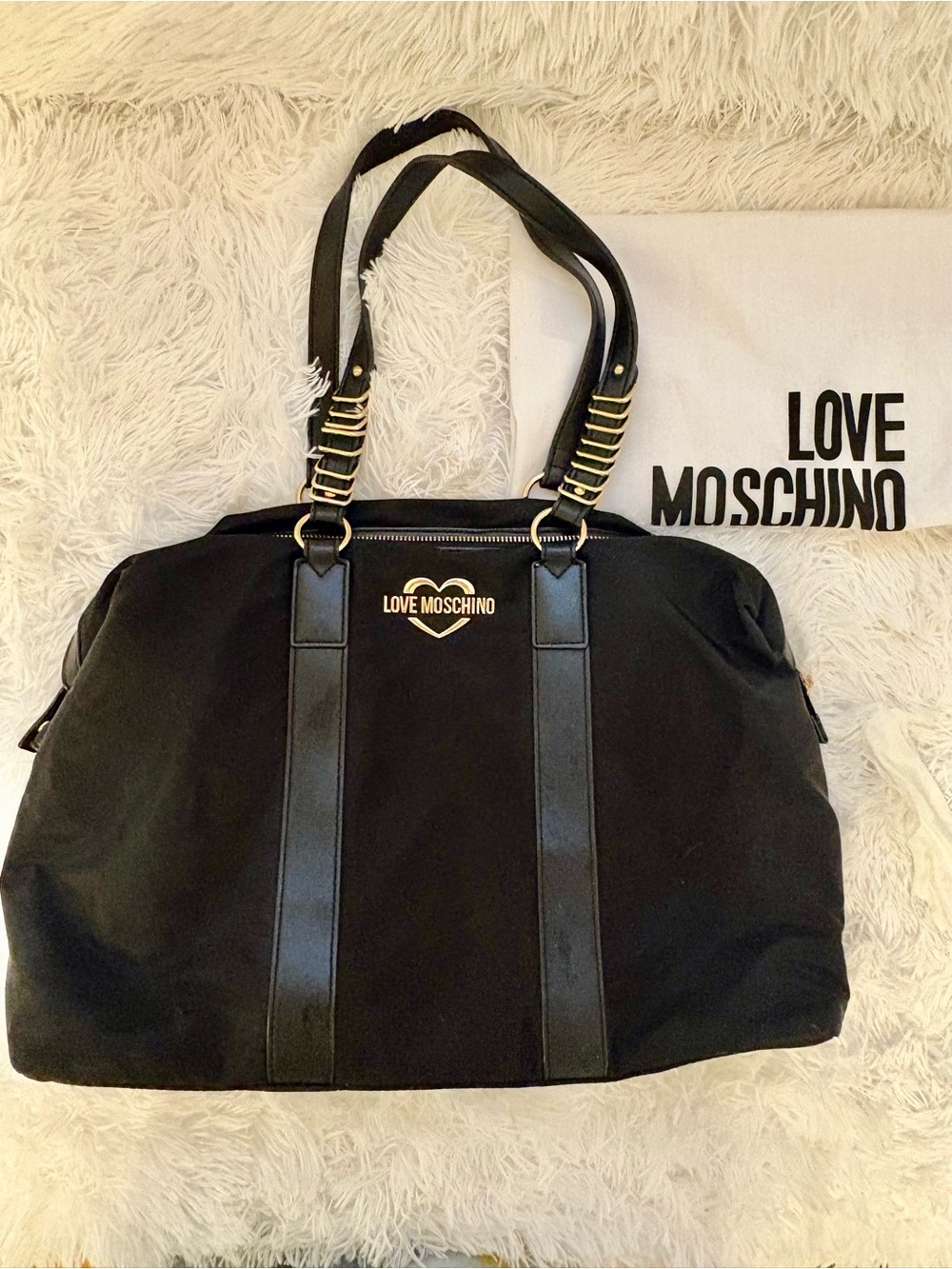 Love Moschino Black Nylon Tote with Gold Logo Heart